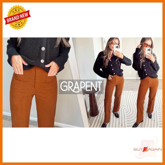 High Waisted Wide Leg Corduroy Pants Elastic Waist Patch Pocket Trousers - Picture 8 of 8